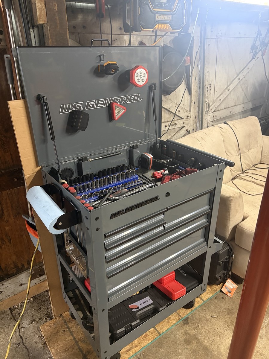 U.S. General cart open with everyday sockets and tools organized inside