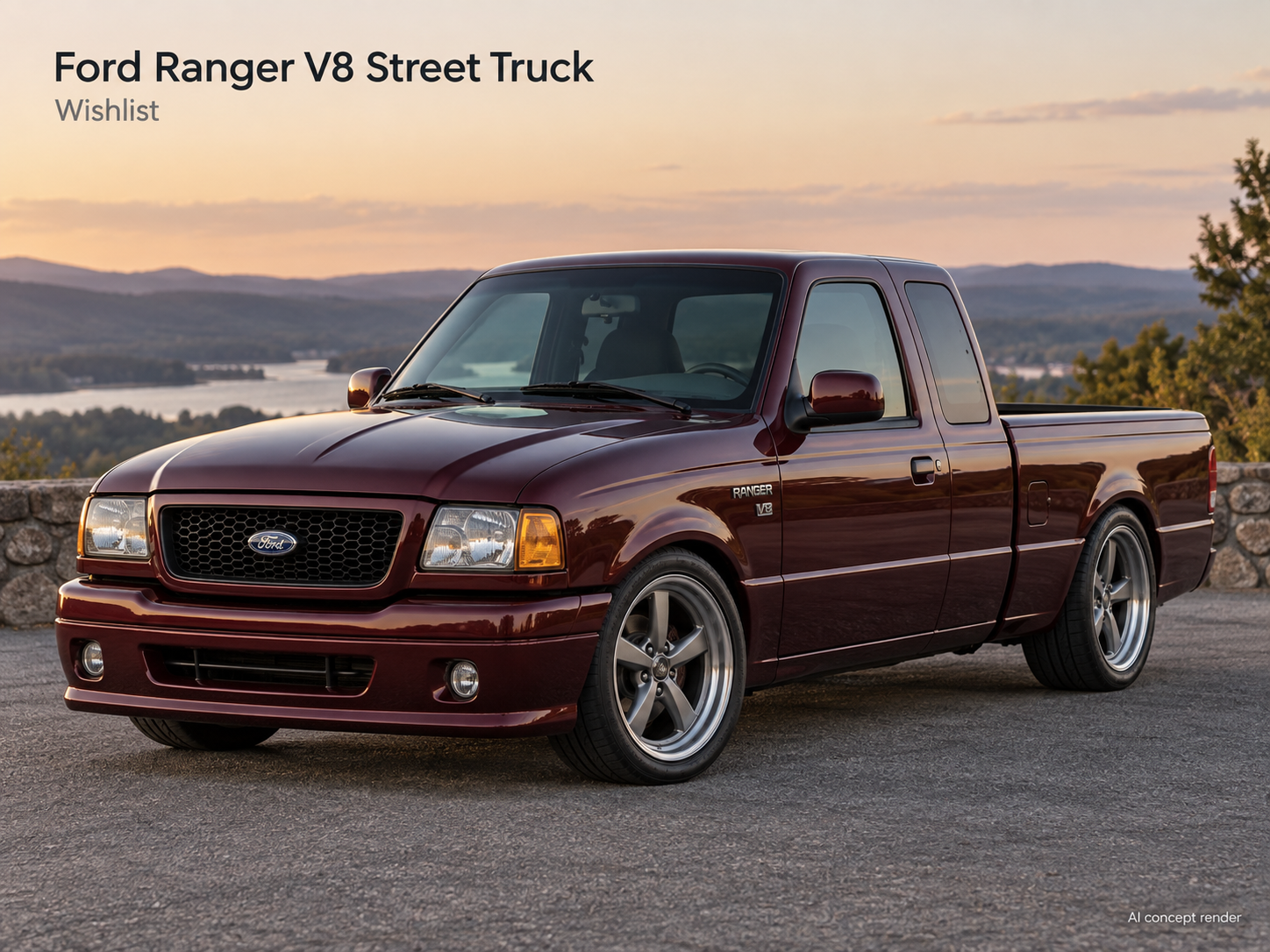 AI concept render of a Ford Ranger V8 street truck future project